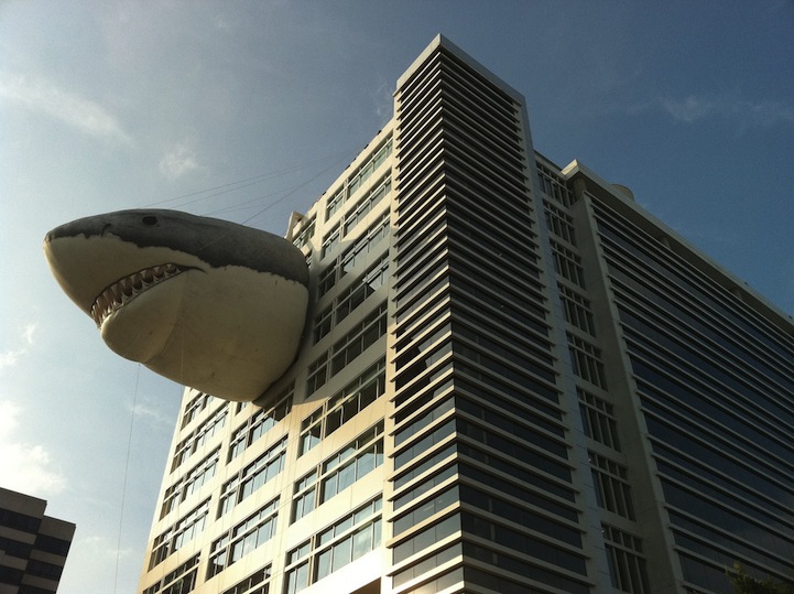 discovery channel shark building requin habillage pr stunt marketing alternatif affichage événementiel 3 Акула не дает покоя штаб квартире Discovery Channel